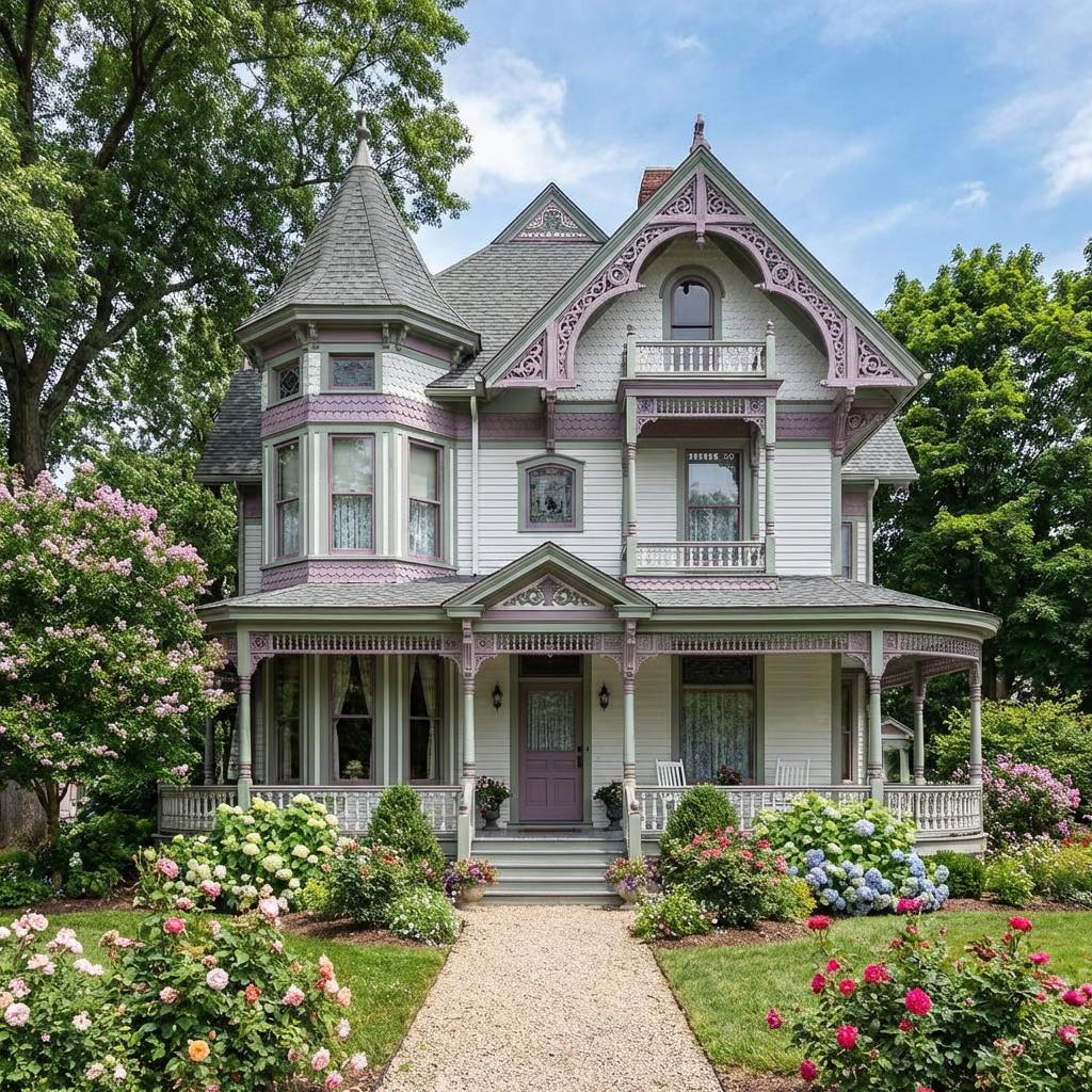 Large Victorian mansion with turret and decorative trim surrounded by colorful flower gardens
