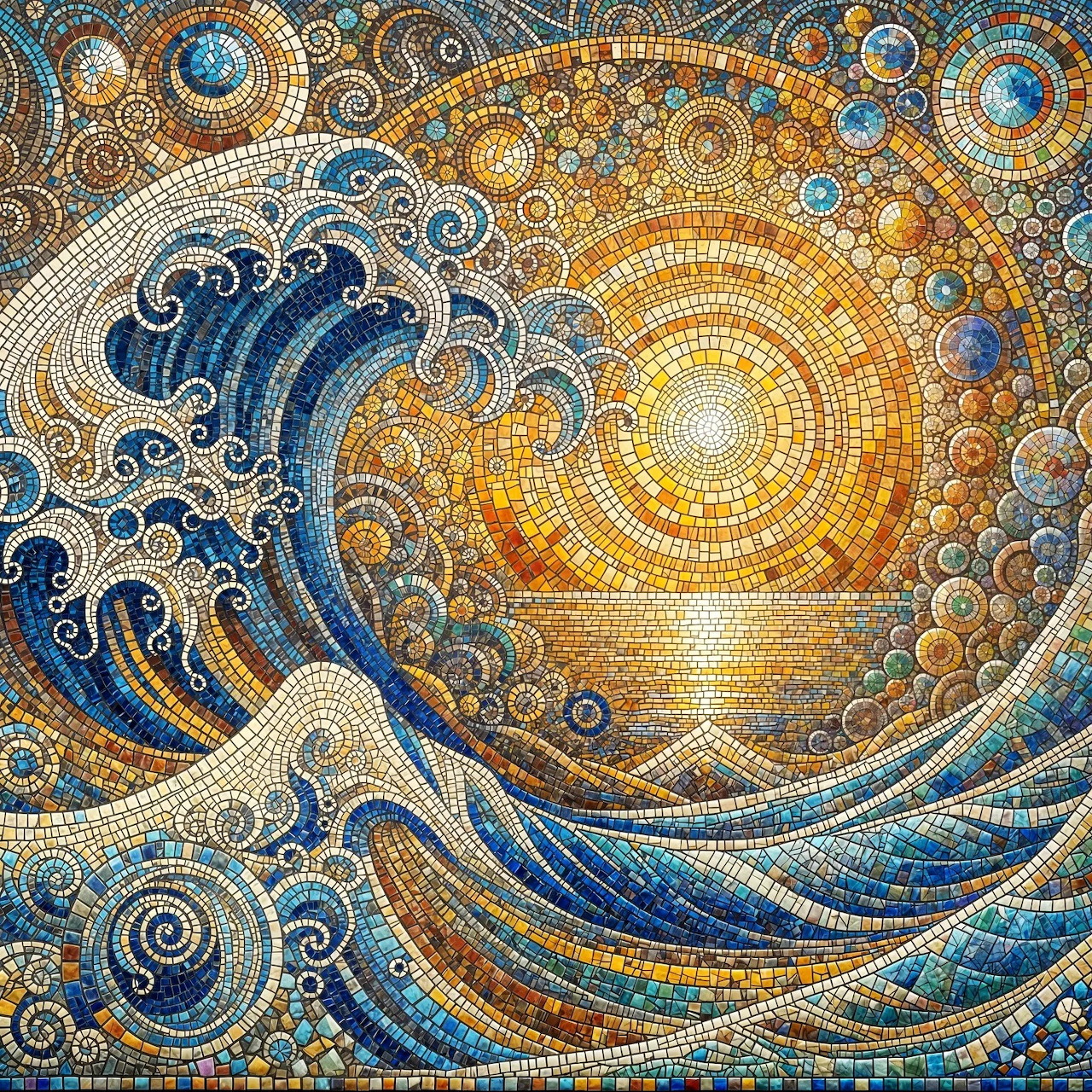 Decorative mosaic showing blue wave with swirling patterns and golden sun over water