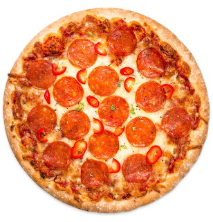 Round salami pizza with cheese and red chili slices, viewed from above on white