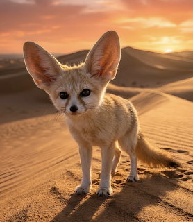 Fennec fox standing on sandy desert dunes at sunset