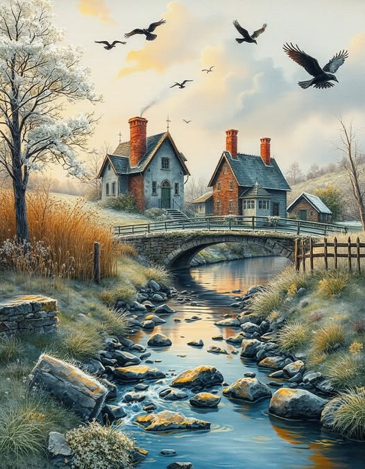 Painting of twin country houses near a stone bridge over a stream with birds flying in a cloudy sky