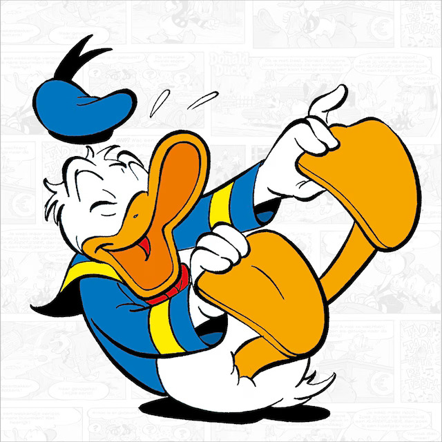 Donald Duck cartoon character laughing joyfully in blue sailor suit with yellow shoes and hat