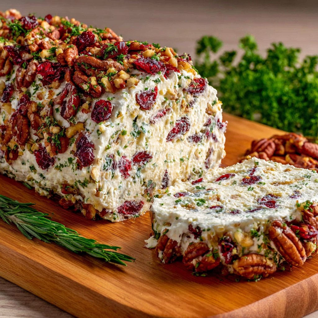 Cheese ball covered in cranberries and pecans on wooden cutting board with slice cut showing creamy interior