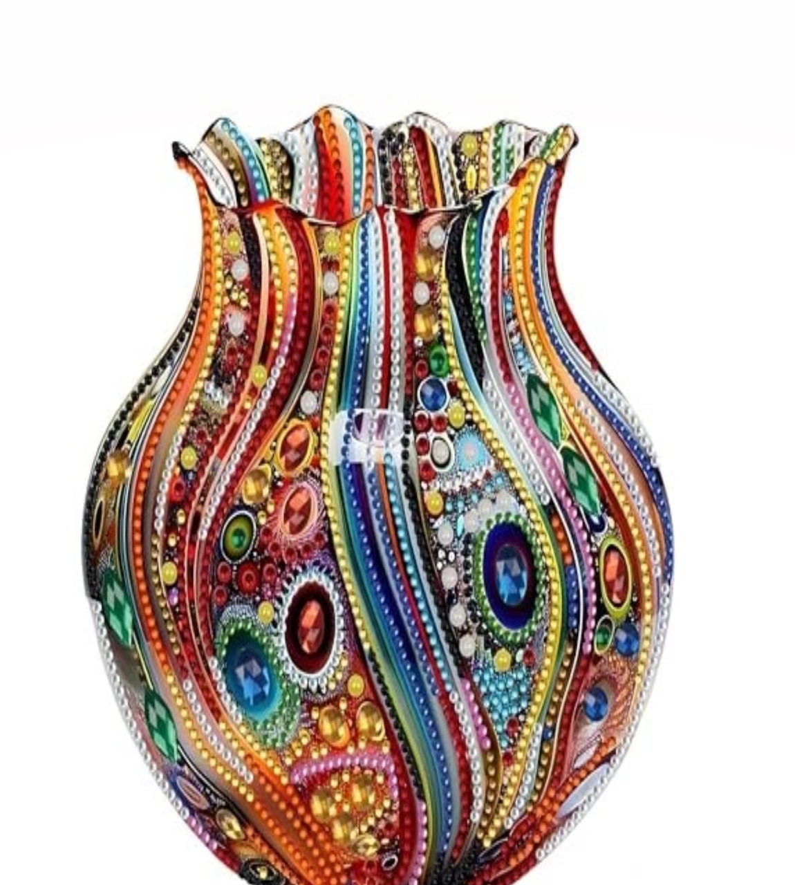 Colorful decorative vase with wavy striped and dotted patterns on a white background