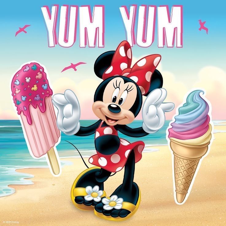 Minnie Mouse in polka dot dress on beach holding ice cream treats with ocean backdrop