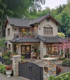 Two-story Asian villa with tiled roof and garden surrounded by trees