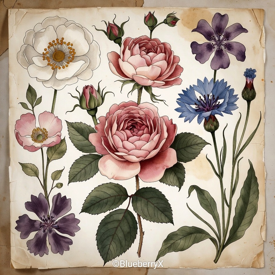 Vintage botanical illustration of roses, peonies, and wildflowers on aged paper with ornate border