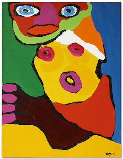 Colorful abstract painting with stylized faces in red, yellow, blue, and green by Karel Appel