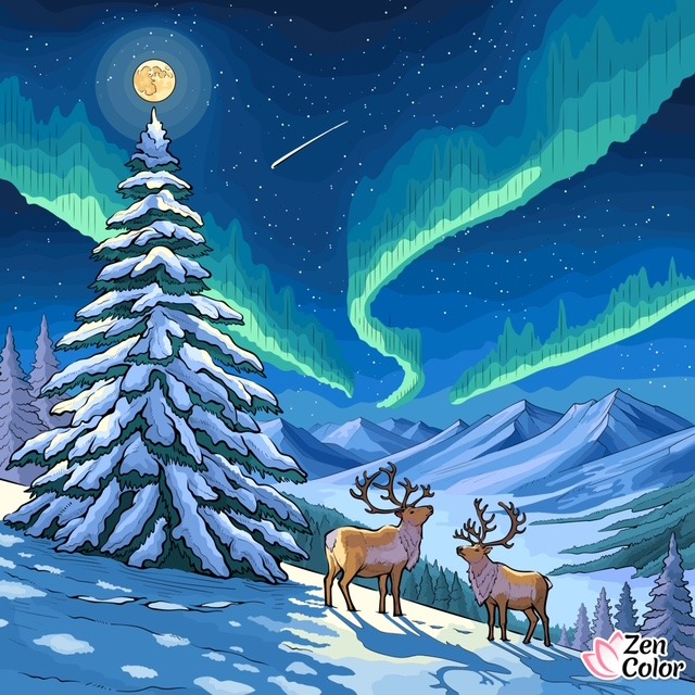 Two deer in snowy landscape with aurora borealis and snow-covered evergreen tree under full moon