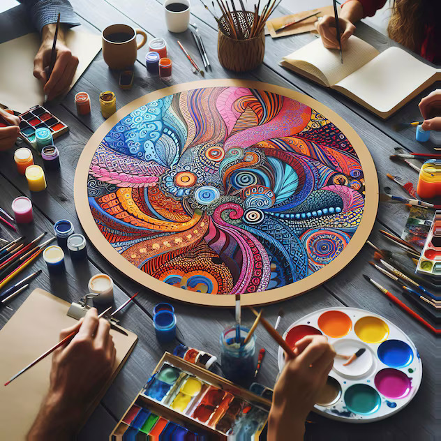Artists painting a colorful mandala with swirling patterns, art supplies around