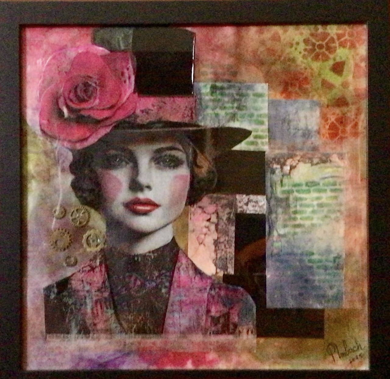 Mixed media collage of vintage woman portrait with rose-adorned hat, layered textures and floral motifs