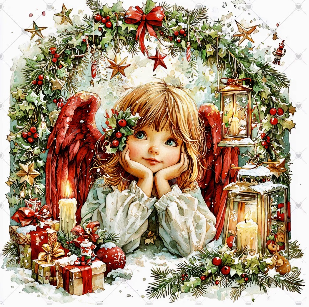 Illustrated angel girl with red wings amid Christmas decorations, garland, ornaments, and gifts