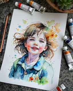 Watercolor painting of a smiling child on paper with paint tubes, pencils, and brushes around it.