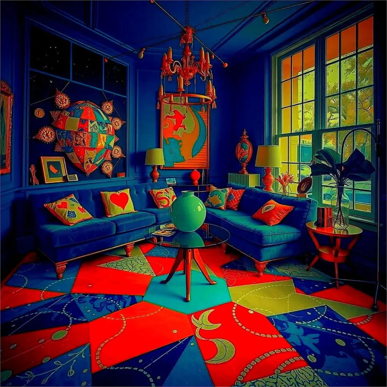 Surreal living room with neon colors, geometric patterns, checkered floor, and colorful artwork