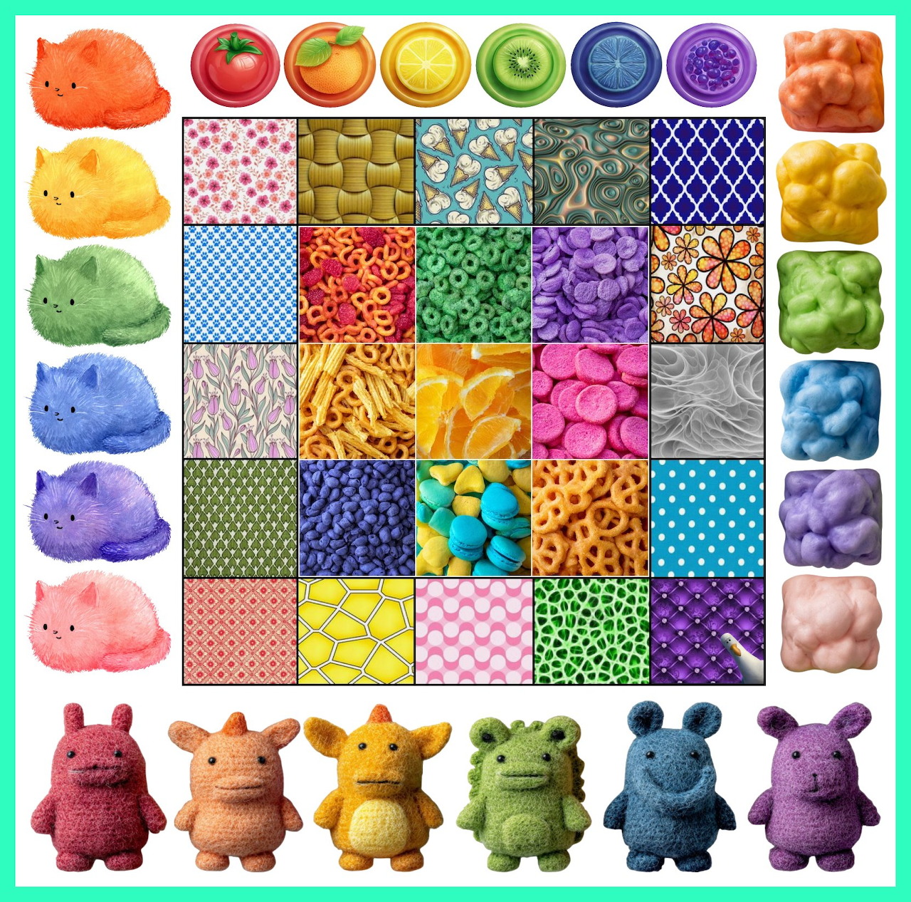 Colorful grid collage with toy characters, donuts, fruits, and patterned tiles in rainbow arrangement