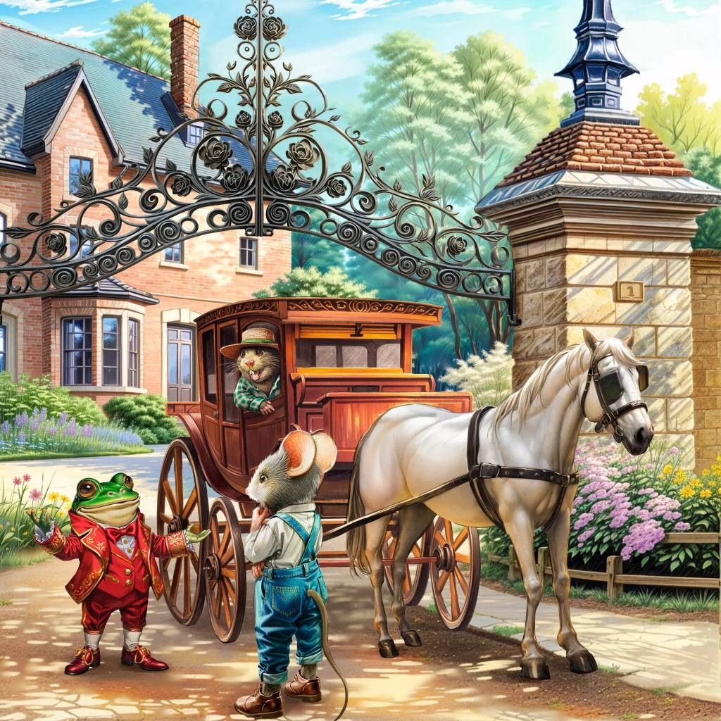White horse with wooden carriage in front of ornate iron gate and stone tower in quaint village setting