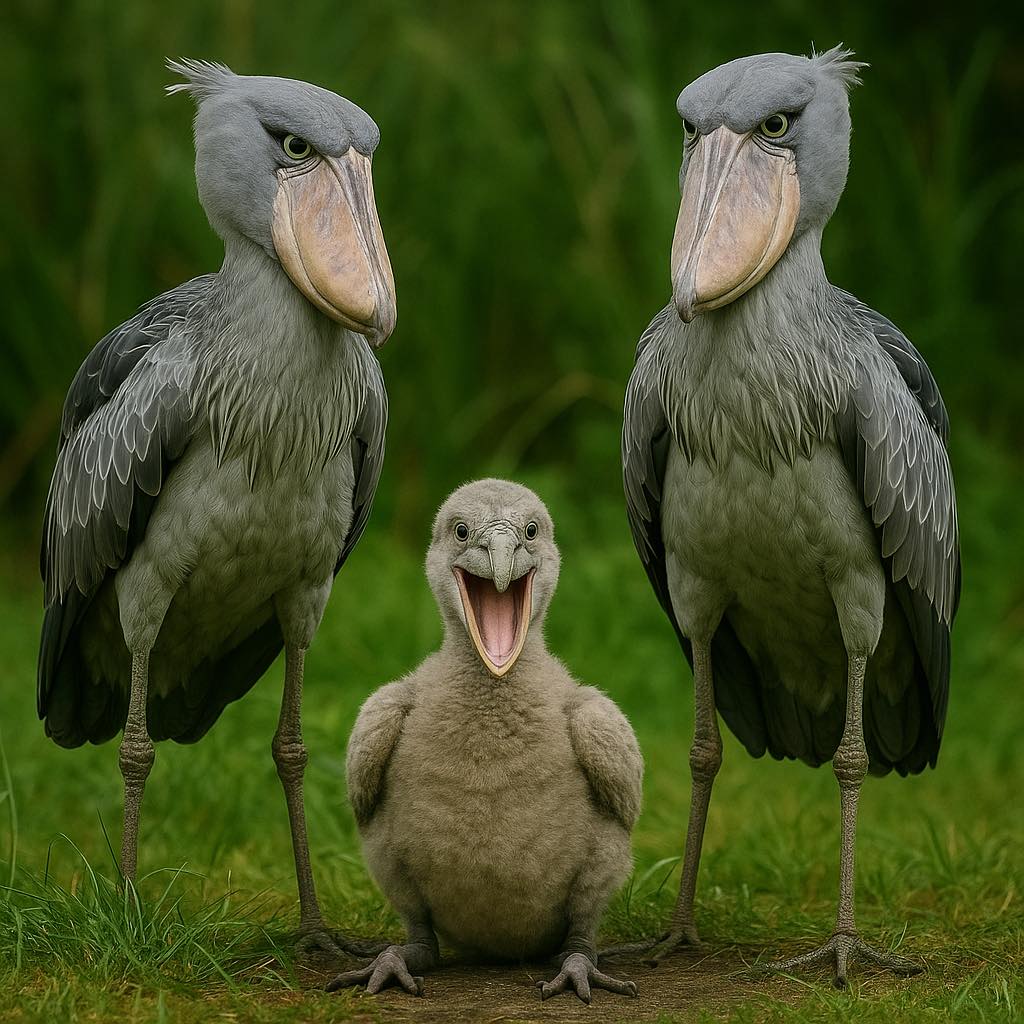 Two adult shoebill storks standing behind a baby shoebill chick with open beak on green grass