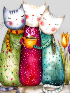 Three illustrated cats in green, pink, and teal dresses holding a coffee cup with a yellow tulip