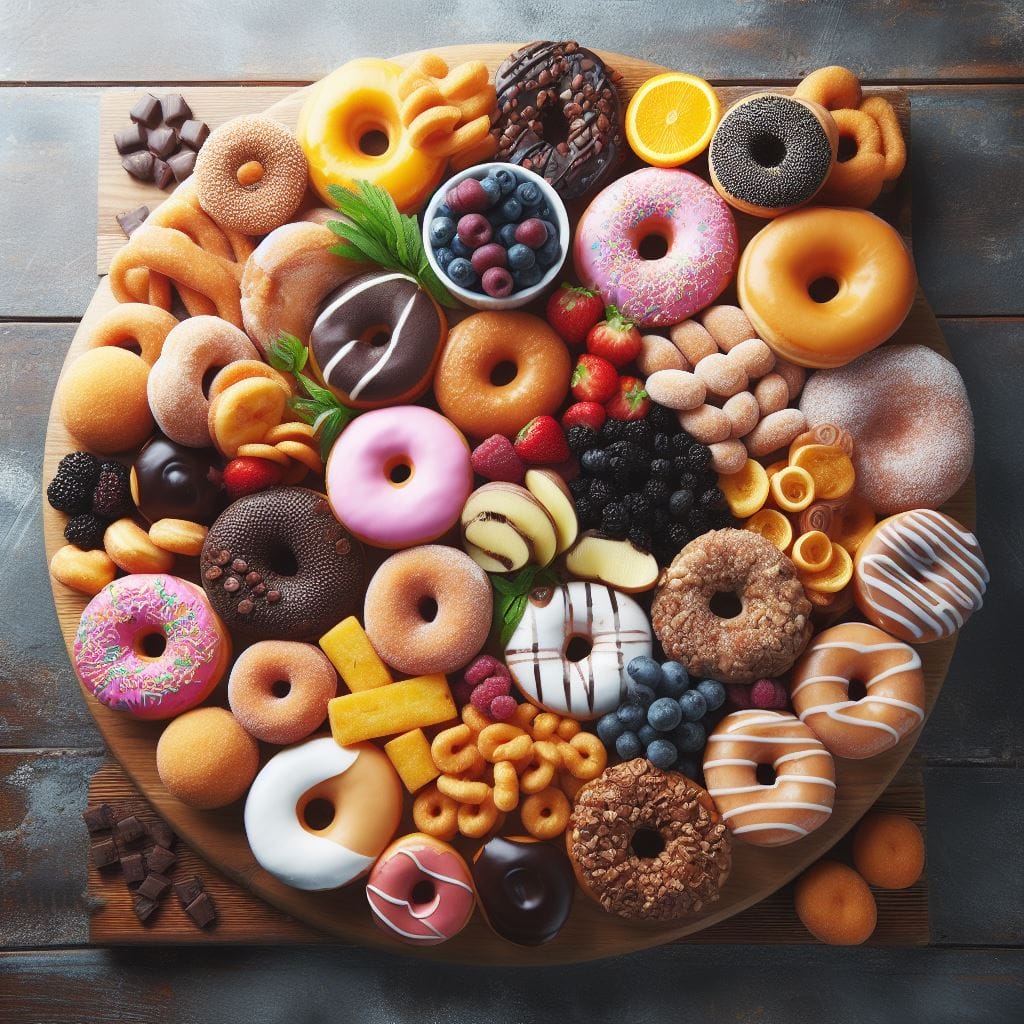 Wooden platter filled with assorted donuts, berries, and sweets on a rustic table