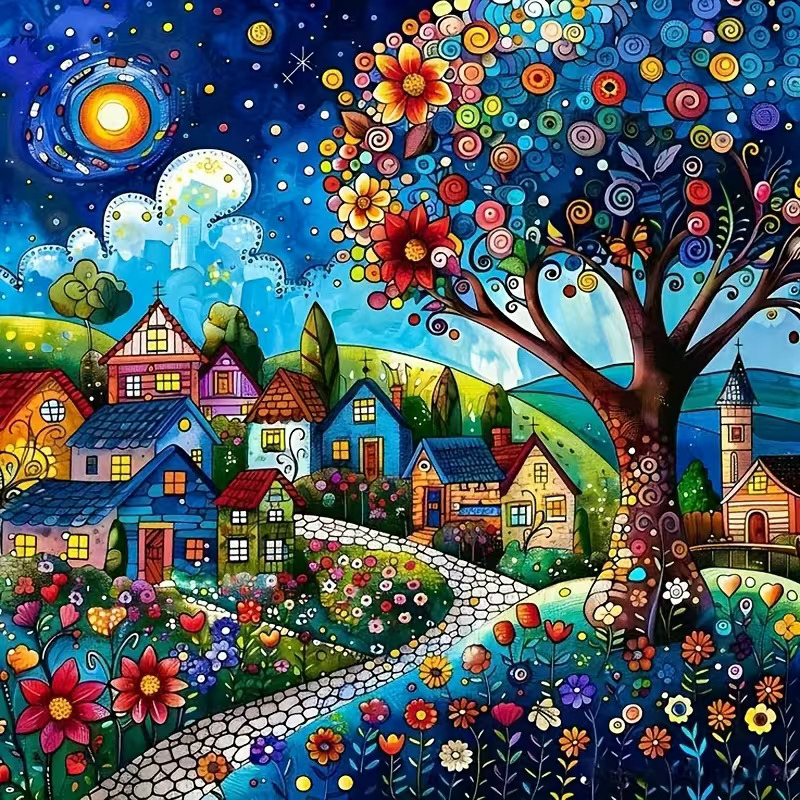 Whimsical folk art village with colorful houses, blooming tree, flowers, and starry sky