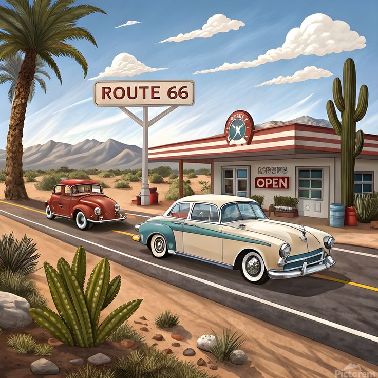 Illustration of Route 66 with classic cars, a gas station, cacti, and mountains in the desert