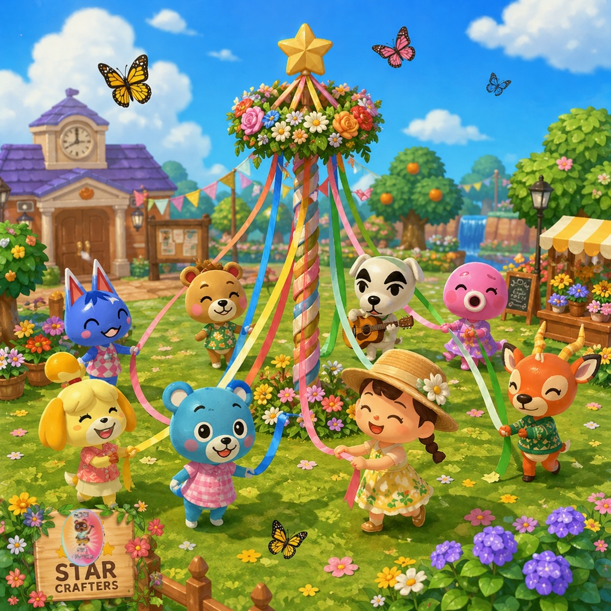 Cartoon animals and a girl dancing around a flower-covered maypole in a bright garden village