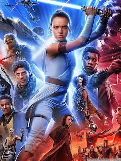 Star Wars movie poster with Rey holding lightsaber, surrounded by multiple characters in blue and red lighting