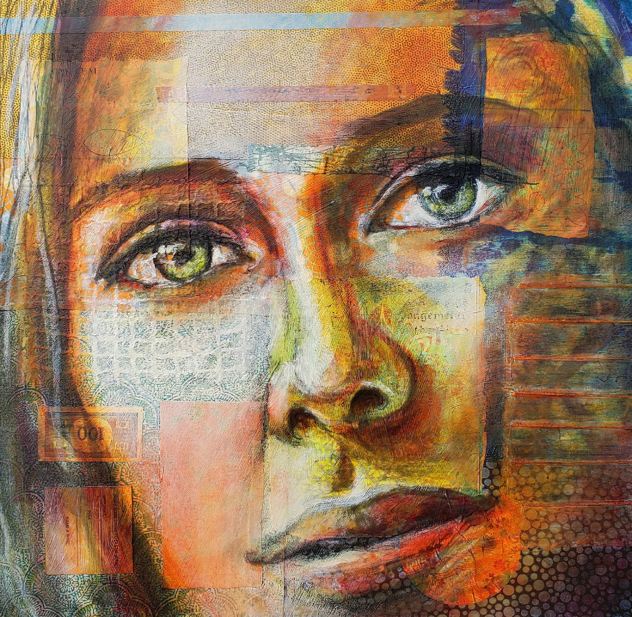 Abstract portrait painting of a woman's face with expressive eyes in layered warm colors and bold brushstrokes