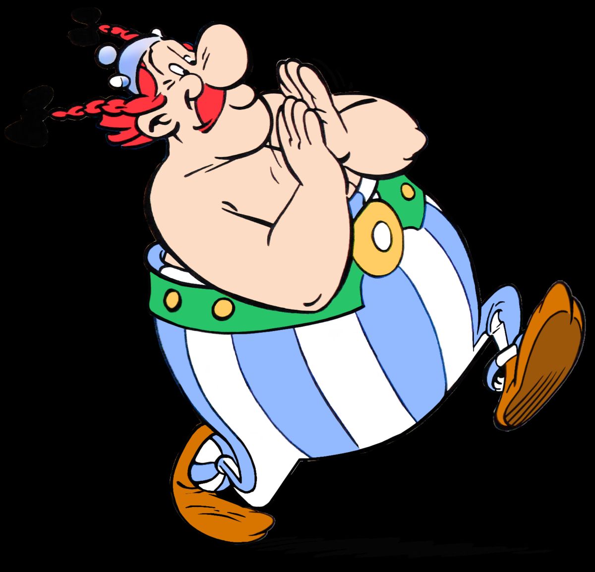 Cartoon character Obélix in blue and white striped trousers on a black background