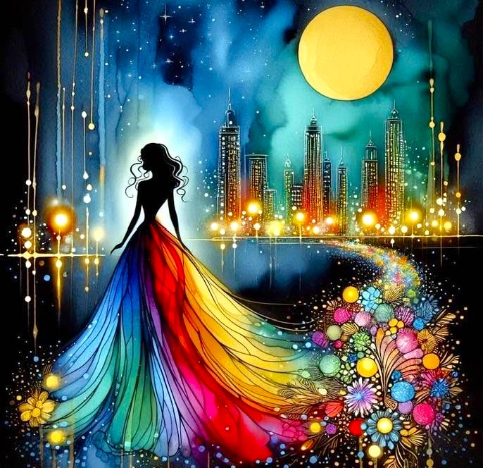 Woman silhouette in rainbow dress with city skyline, full moon, and flowers at night