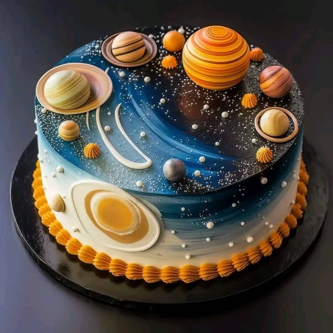 Round cake decorated with planets, rings, stars in space theme with blue and orange tiers
