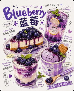 Illustrated collage of blueberry desserts including cheesecake, yogurt, ice cream, and bubble tea