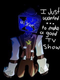 Illustration of a sad character with a TV screen head sitting hunched over against a black background with text