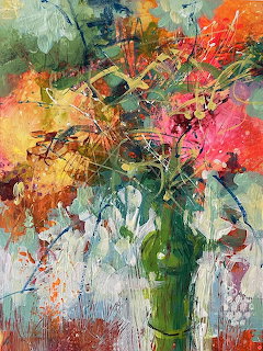 Abstract painting of bright flowers in green vase with bold brushstrokes and vivid colors