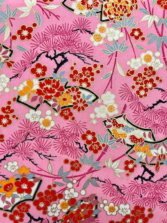 Colorful Japanese chiyogami pattern with cherry blossoms and pine on pink background