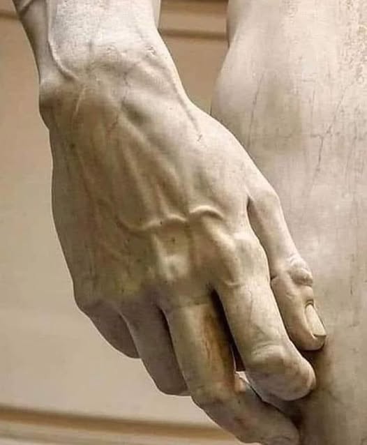 Close-up of the marble hand of Michelangelo's David statue