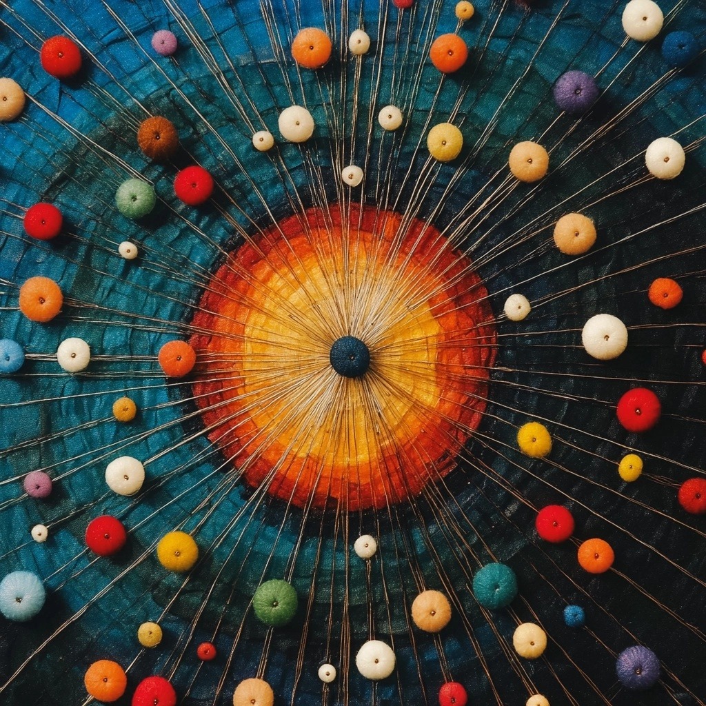 Abstract textile art with radiating threads and colorful felt balls around a glowing center