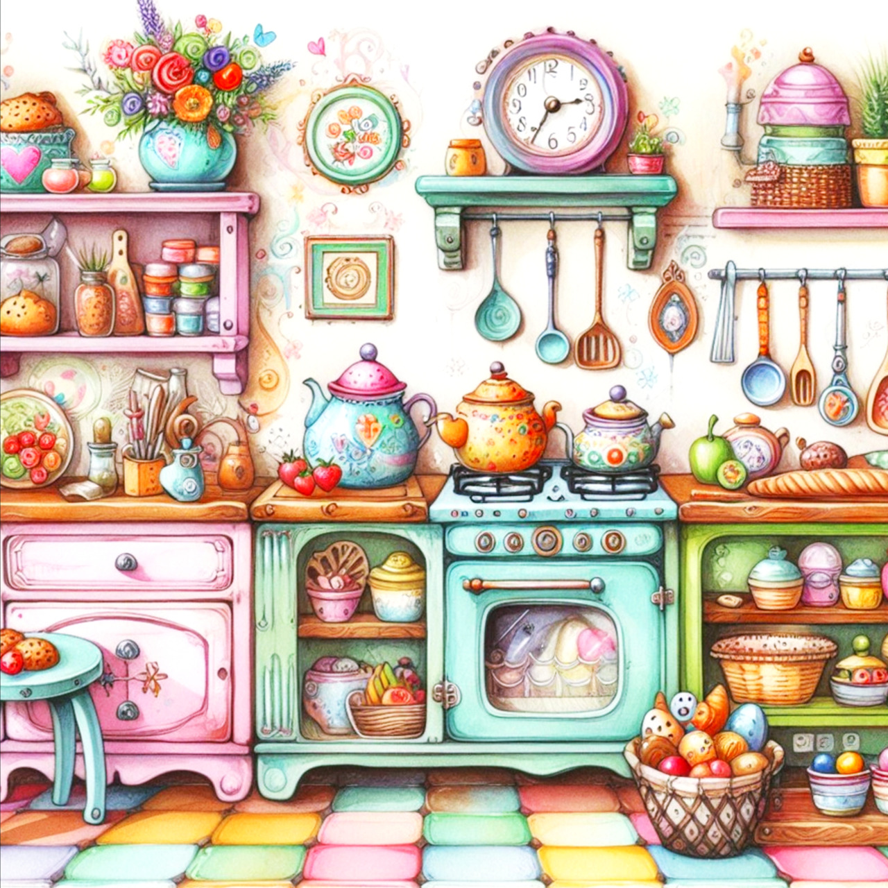 Pastel watercolor kitchen with vintage stove, teapots, flowers, and colorful dishes in cottagecore style