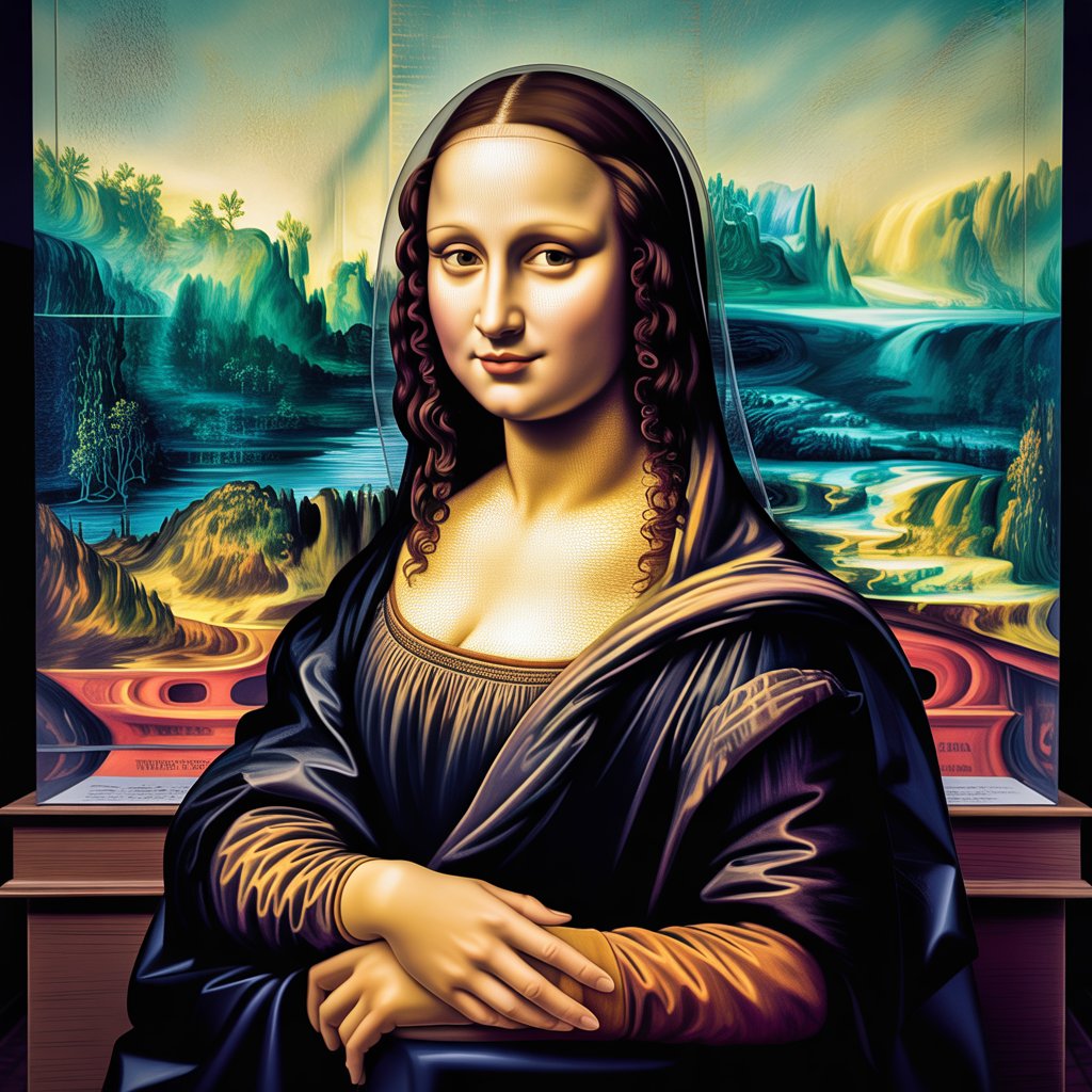 Three-dimensional rendering of Mona Lisa portrait with colorful background landscape