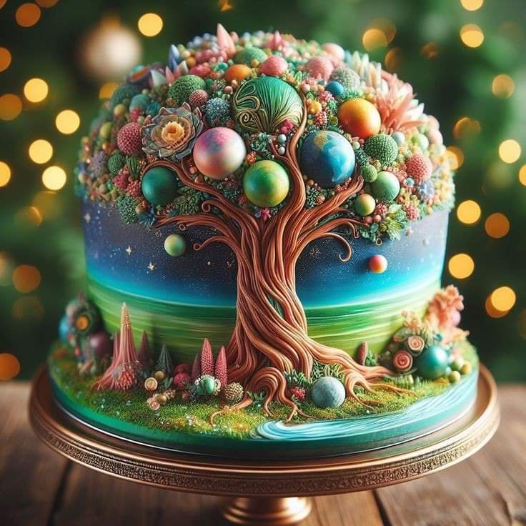 Colorful fantasy-themed cake with a sculpted tree and pastel spheres on a cake stand