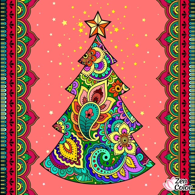 Stylized Christmas tree decorated with colorful paisley and floral mandala patterns against pink background