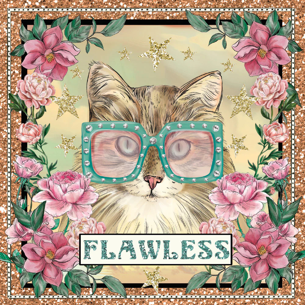 Fluffy cat wearing large turquoise glasses surrounded by pink flowers in ornate frame