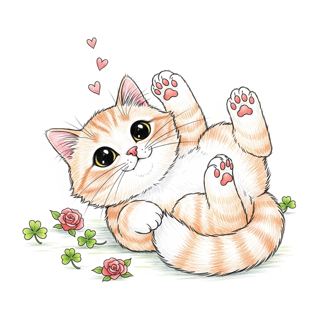 Cute orange striped kitten lying on back with paws raised, surrounded by flowers and hearts