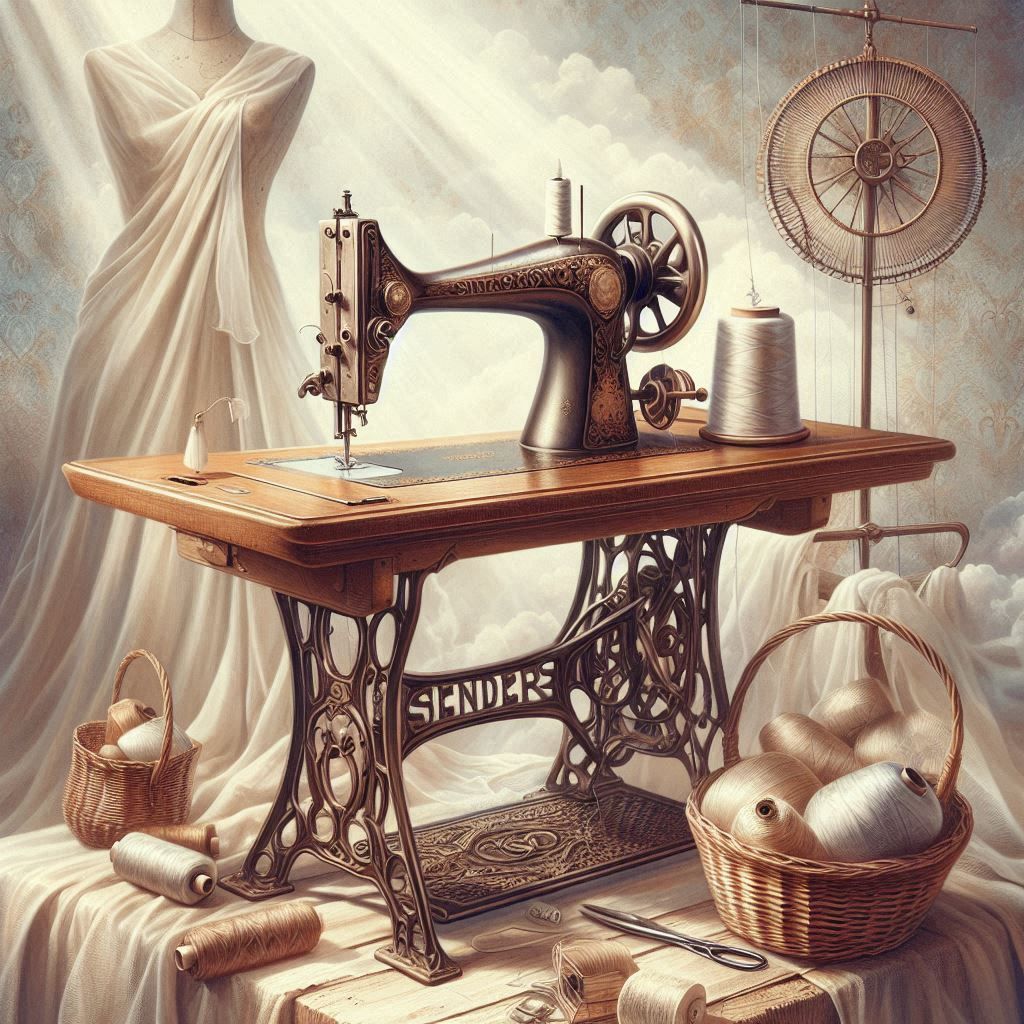 Antique Singer sewing machine on decorative cast iron table with sewing accessories and draped fabrics