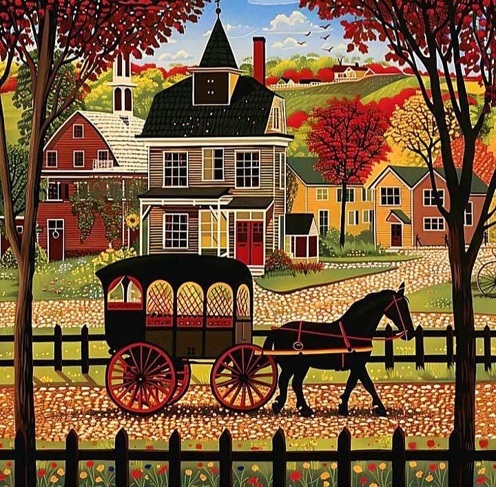 Folk art painting of horse buggy passing colorful village houses in autumn with red foliage and church steeple