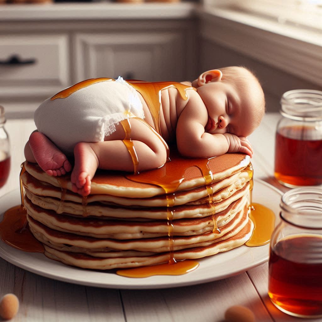 Sleeping baby lying on stack of pancakes with syrup in sunny kitchen