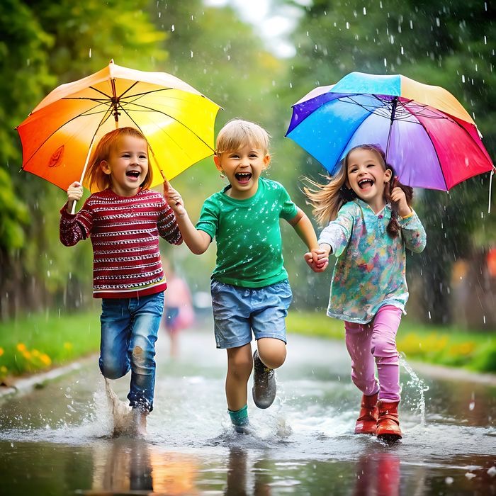 Three smiling children run in the rain with colorful umbrellas, splashing through puddles.