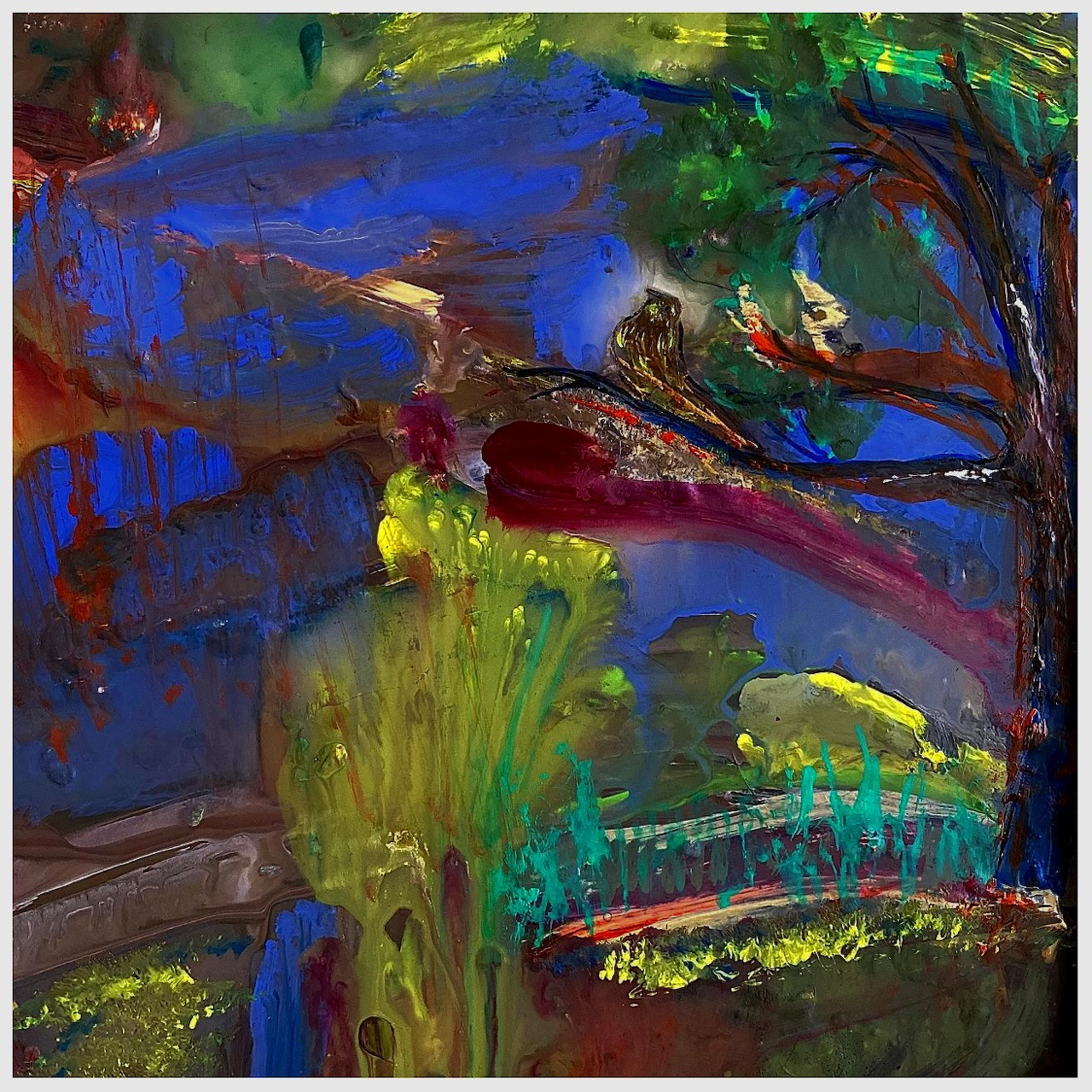Abstract painting with bold blue, green, red, and yellow textured brushstrokes