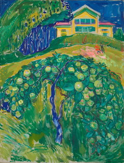 Expressionist painting of an apple tree with green fruit on a grassy hill, yellow house in background