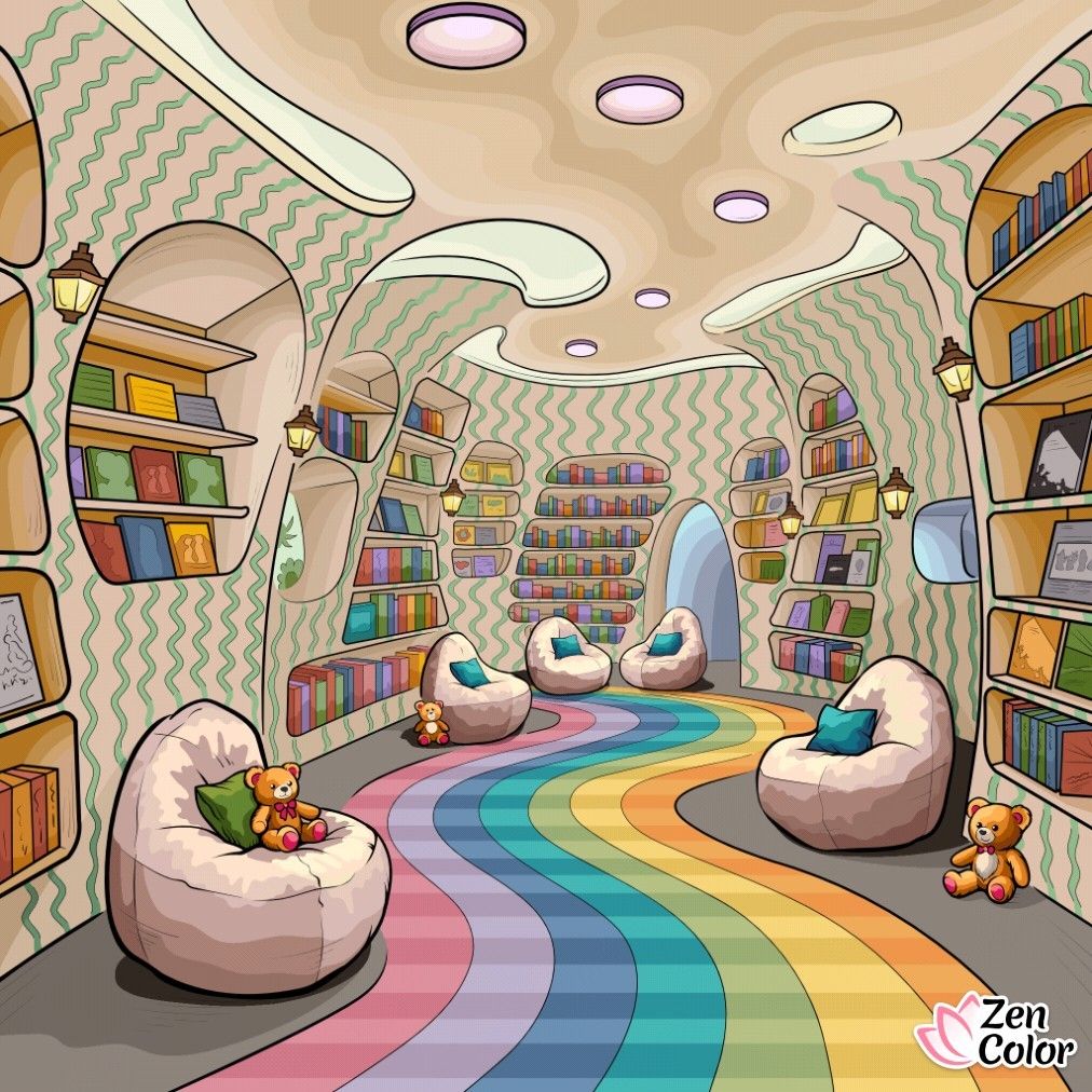 Illustrated whimsical library with rainbow striped floor, curved walls, colorful books, and round white seats